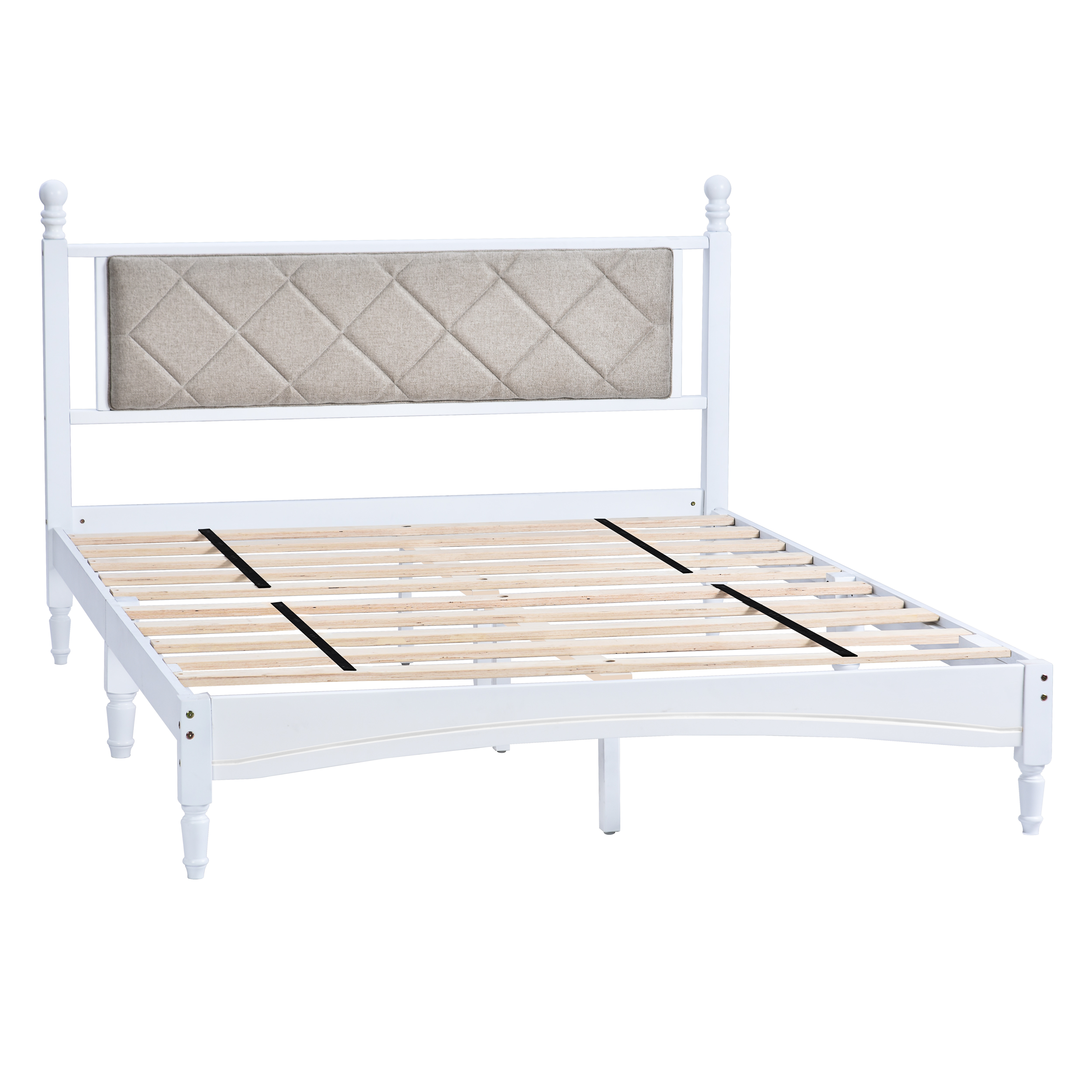 Queen Wood Bed Frame with Fabric Upholstered Headboard, Solid Rubber Wood Foundation with Wood Central Supports, 1000 Lb Capacity, Easy Assembly, No Box Spring Needed, White